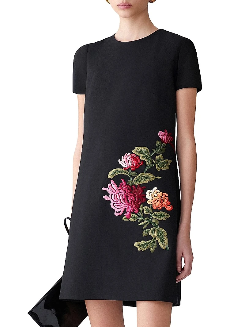 Chrysanthemum-Embroidered Stretch-Wool Minidress