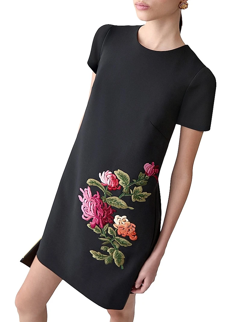 Chrysanthemum-Embroidered Stretch-Wool Minidress
