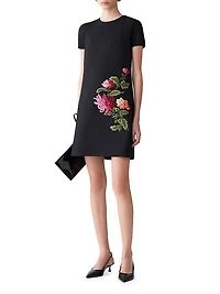 Chrysanthemum-Embroidered Stretch-Wool Minidress