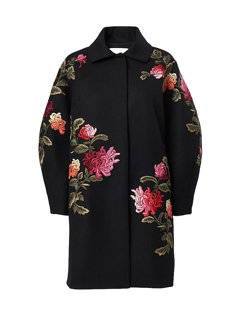 Chrysanthemum-Embroidered Wool Cocoon Coat