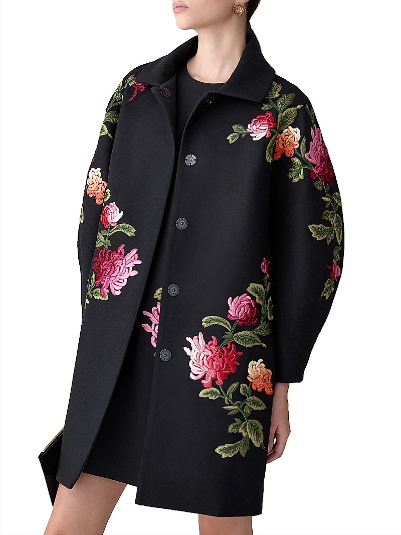 Chrysanthemum-Embroidered Wool Cocoon Coat