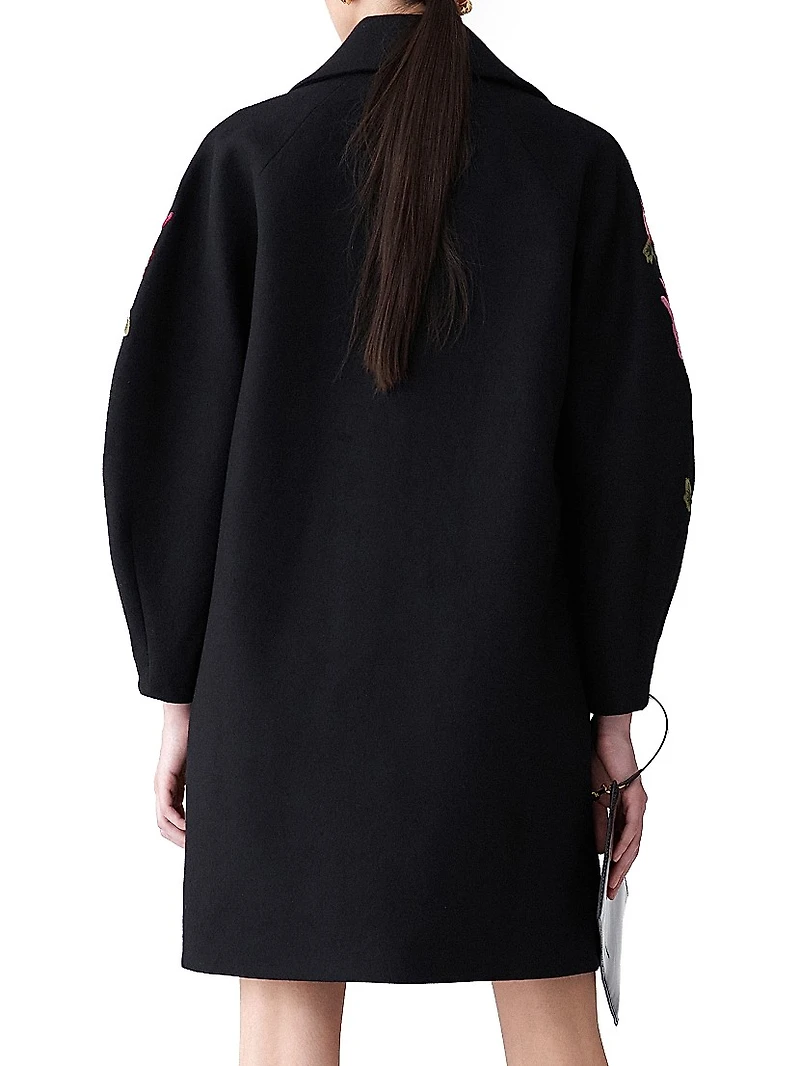 Chrysanthemum-Embroidered Wool Cocoon Coat