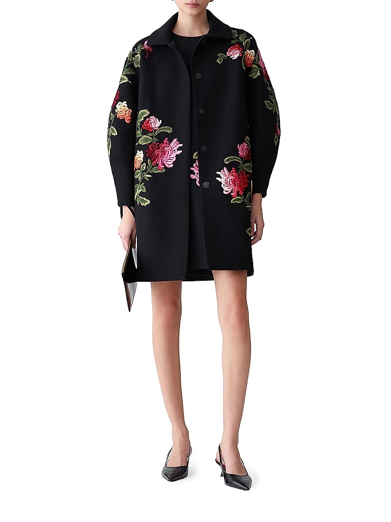 Chrysanthemum-Embroidered Wool Cocoon Coat