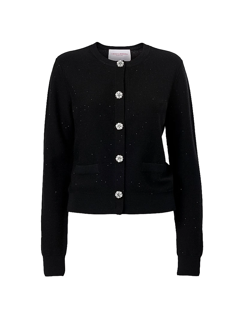 Embellished Sequined Stretch-Wool Crewneck Cardigan