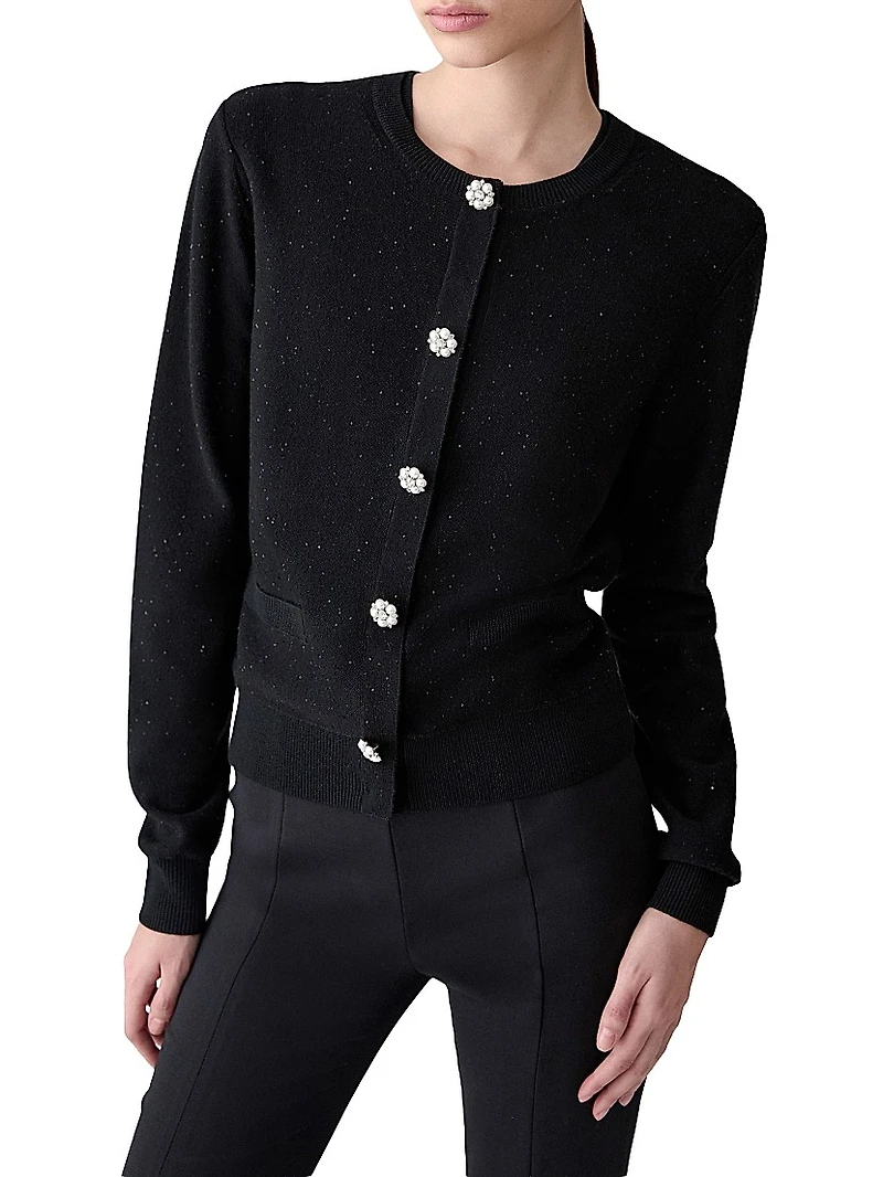 Embellished Sequined Stretch-Wool Crewneck Cardigan