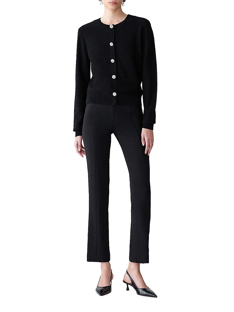 Embellished Sequined Stretch-Wool Crewneck Cardigan