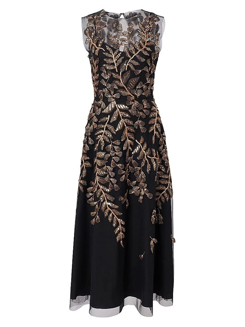 Embellished Leaf-Embroidered Tulle Cocktail Dress