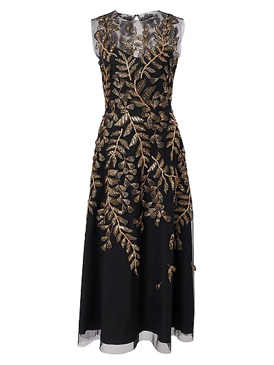 Embellished Leaf-Embroidered Tulle Cocktail Dress