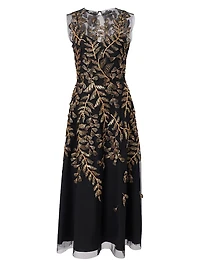 Embellished Leaf-Embroidered Tulle Cocktail Dress