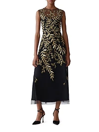 Embellished Leaf-Embroidered Tulle Cocktail Dress