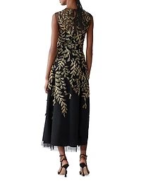 Embellished Leaf-Embroidered Tulle Cocktail Dress