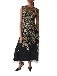 Embellished Leaf-Embroidered Tulle Cocktail Dress