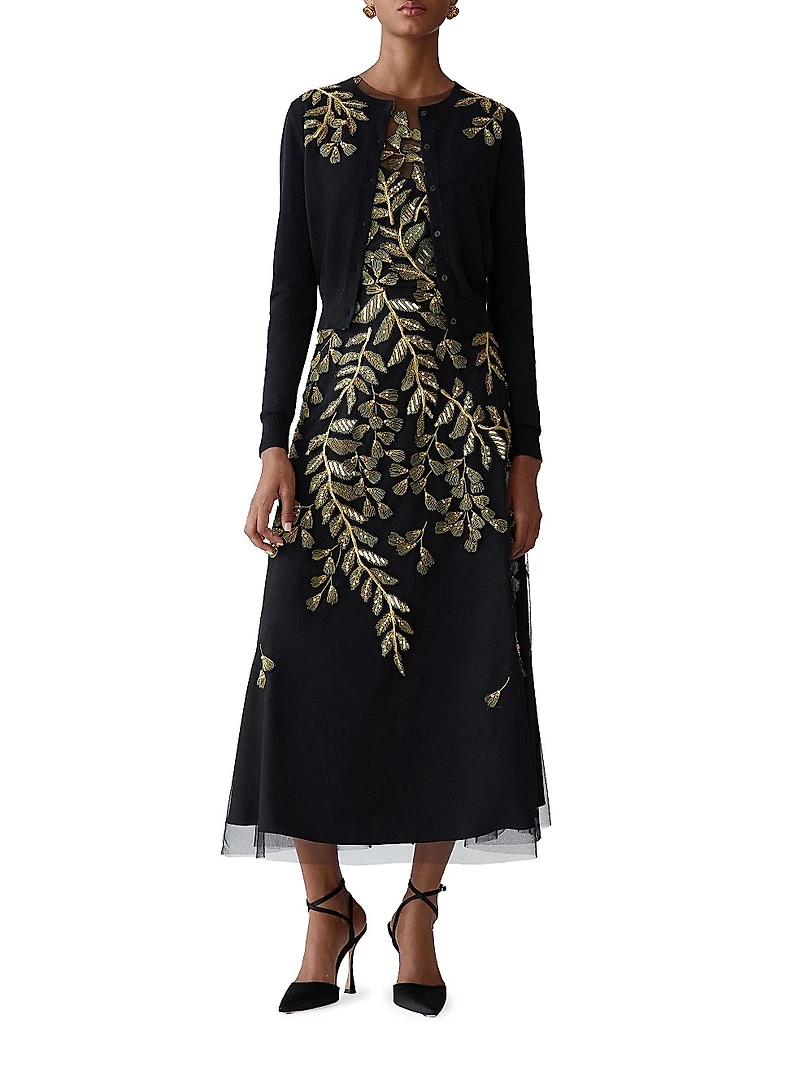 Embellished Leaf-Embroidered Tulle Cocktail Dress