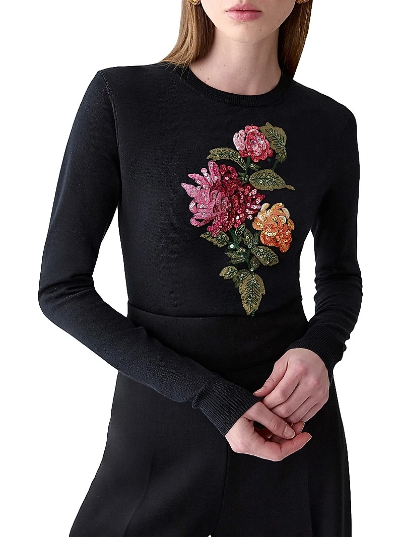 Sequined Chrysanthemum-Embroidered Silk-Cotton Sweater