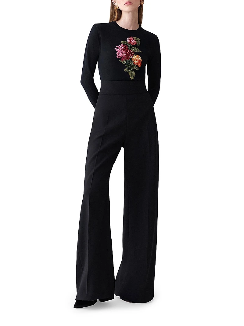 Sequined Chrysanthemum-Embroidered Silk-Cotton Sweater