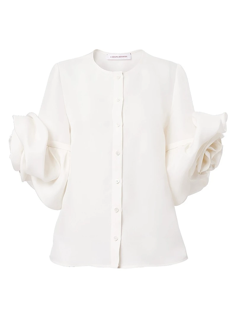 Silk Gazar Rosette-Sleeve Button-Front Blouse