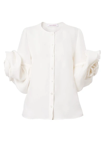 Silk Gazar Rosette-Sleeve Button-Front Blouse