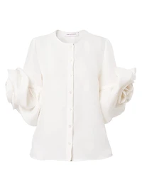 Silk Gazar Rosette-Sleeve Button-Front Blouse