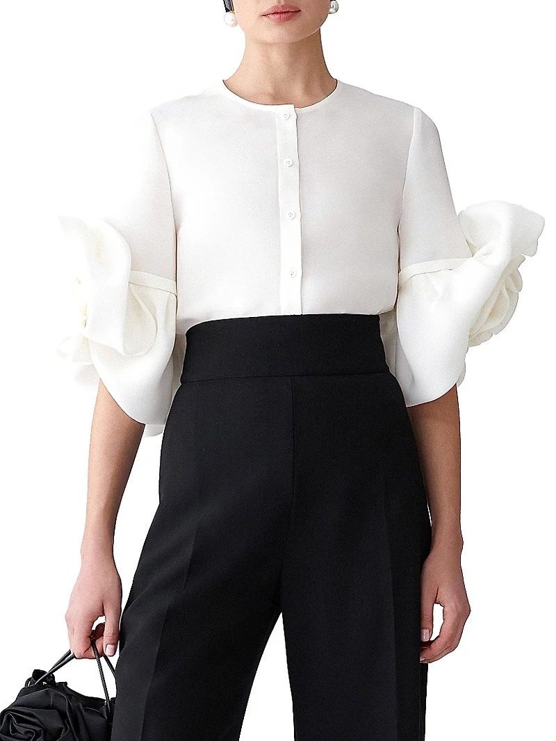 Silk Gazar Rosette-Sleeve Button-Front Blouse