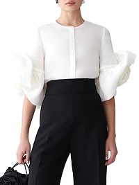 Silk Gazar Rosette-Sleeve Button-Front Blouse