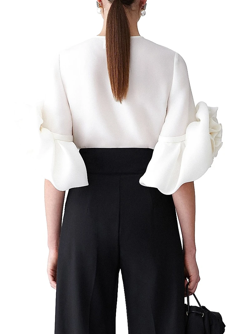 Silk Gazar Rosette-Sleeve Button-Front Blouse
