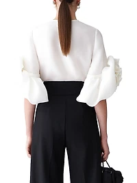 Silk Gazar Rosette-Sleeve Button-Front Blouse