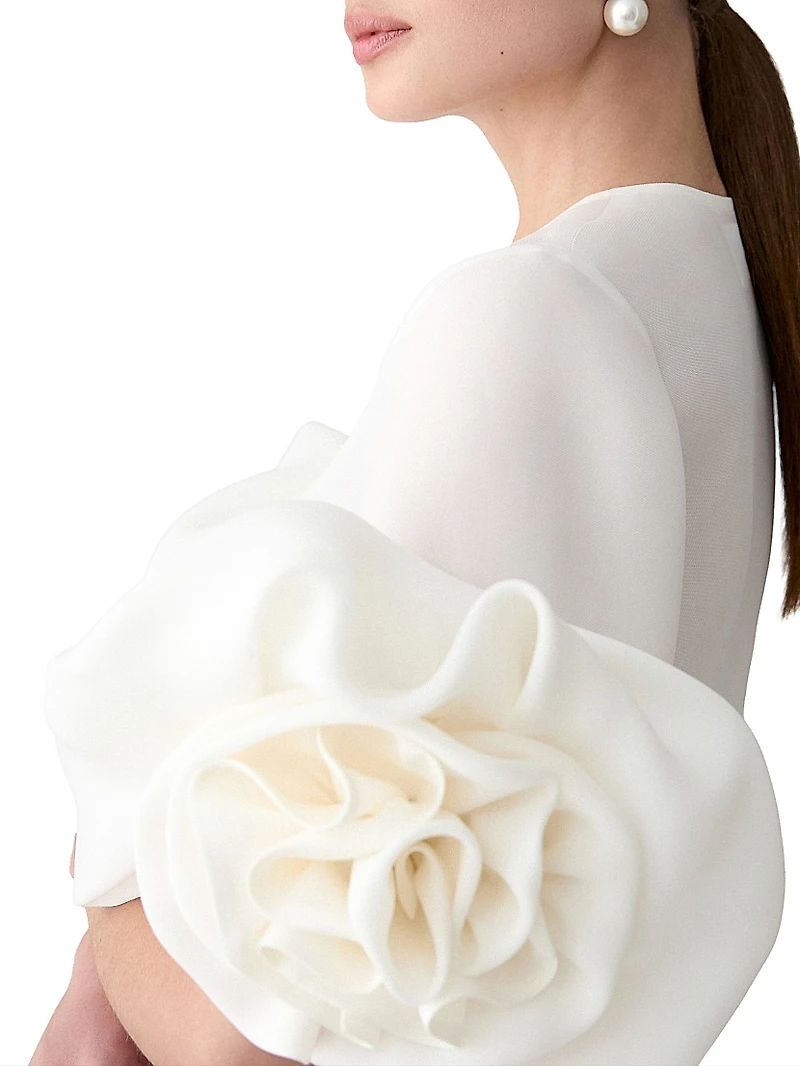 Silk Gazar Rosette-Sleeve Button-Front Blouse