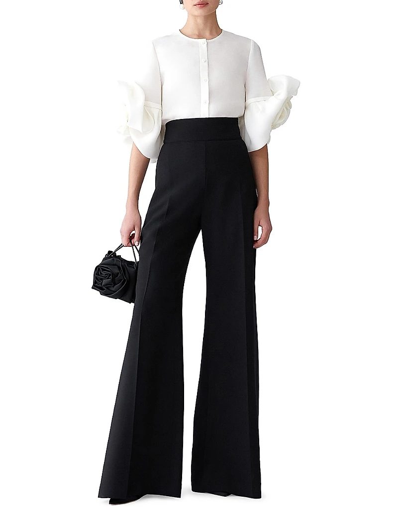 Silk Gazar Rosette-Sleeve Button-Front Blouse