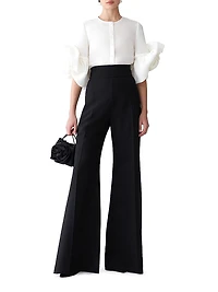 Silk Gazar Rosette-Sleeve Button-Front Blouse