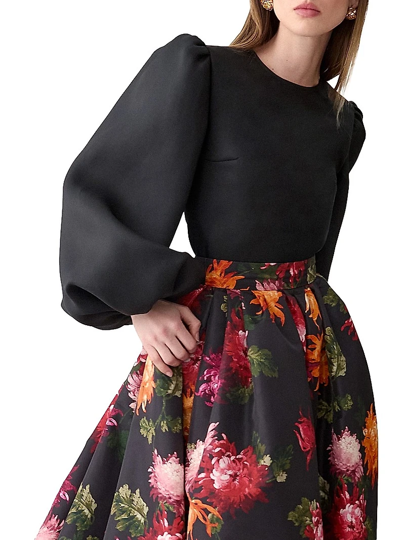 Silk Gazar Puff-Sleeve Blouse