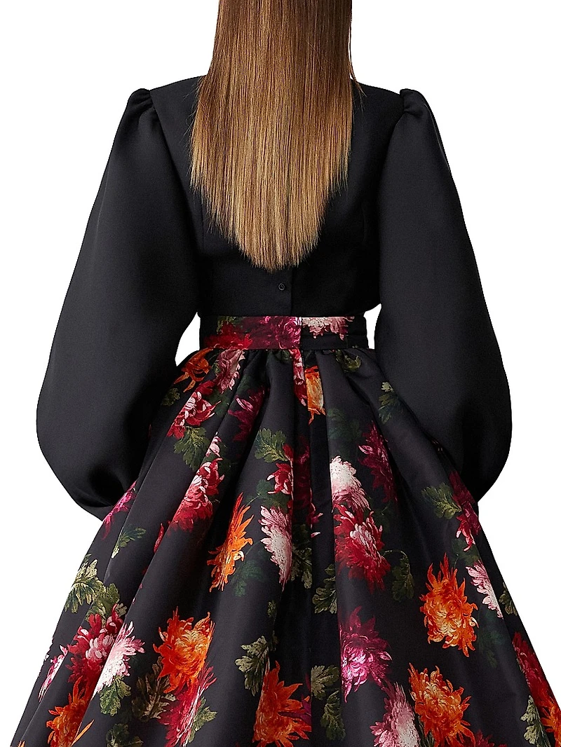 Silk Gazar Puff-Sleeve Blouse