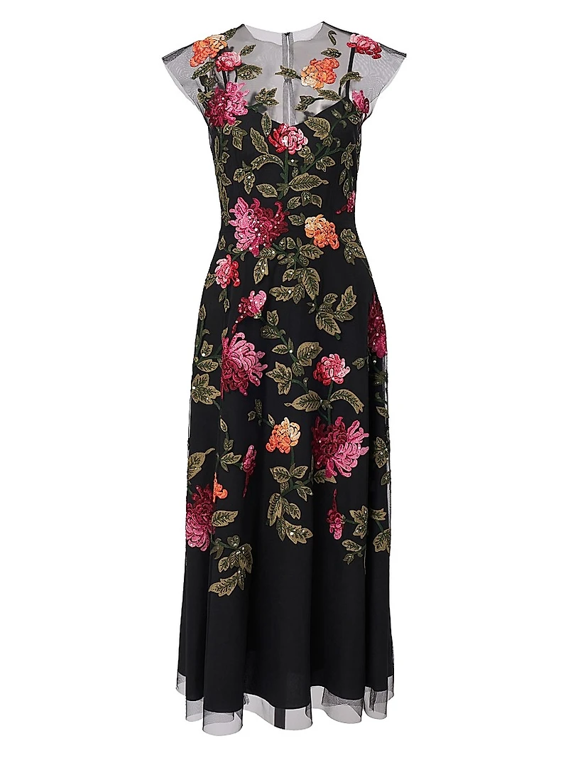 Sequined Floral-Embroidered Tulle Cocktail Dress