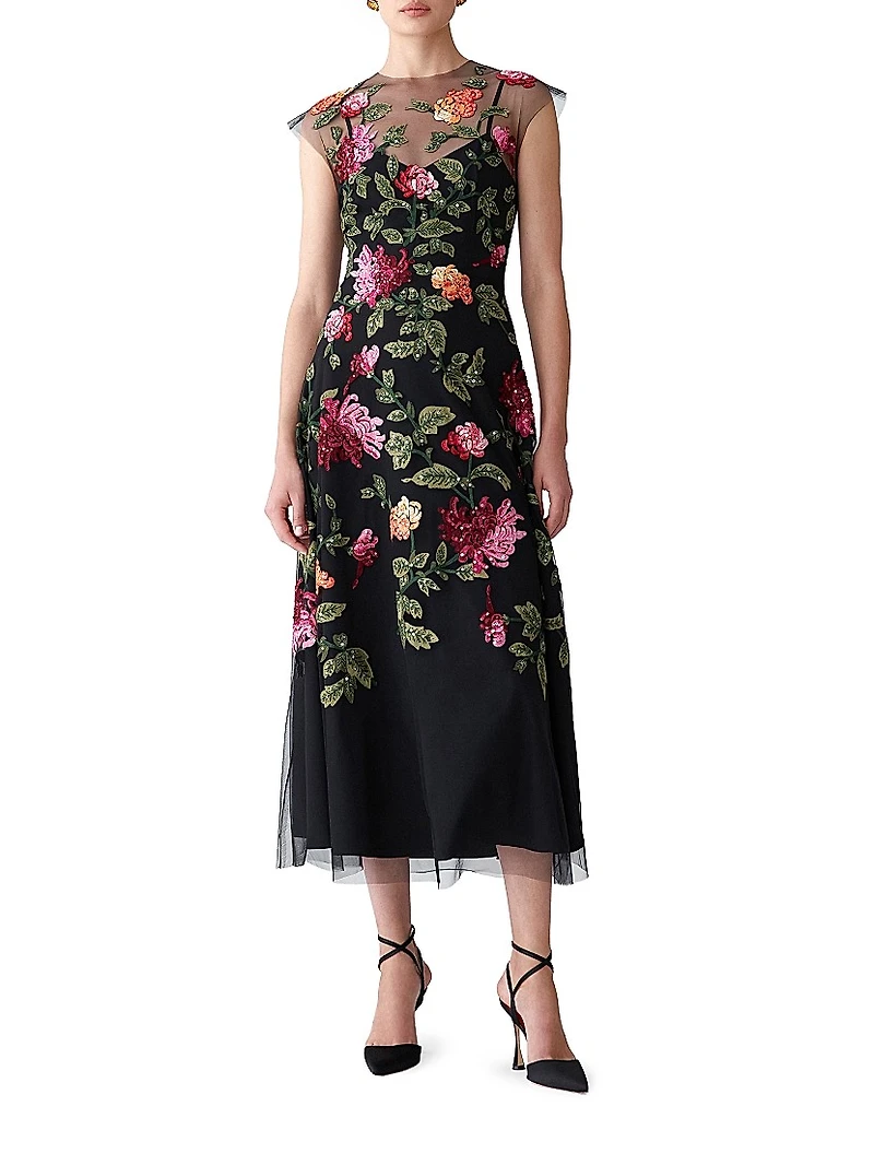 Sequined Floral-Embroidered Tulle Cocktail Dress