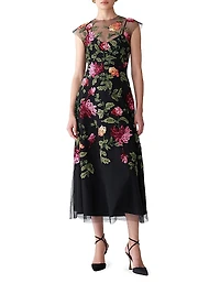 Sequined Floral-Embroidered Tulle Cocktail Dress