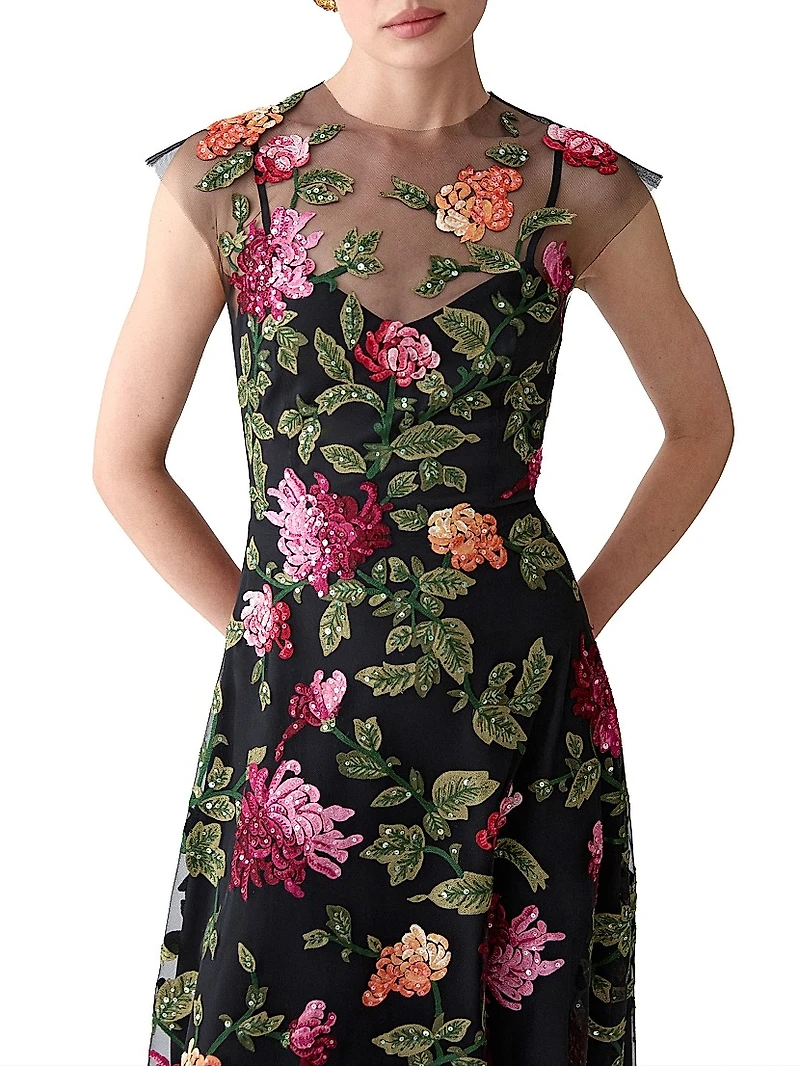 Sequined Floral-Embroidered Tulle Cocktail Dress