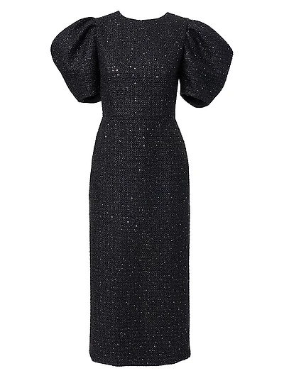 Sequined Tweed Puff-Sleeve Cocktail Dress