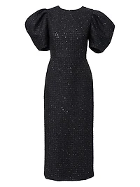 Sequined Tweed Puff-Sleeve Cocktail Dress