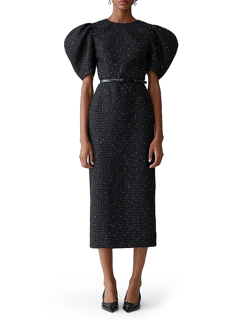 Sequined Tweed Puff-Sleeve Cocktail Dress