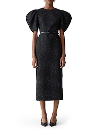 Sequined Tweed Puff-Sleeve Cocktail Dress