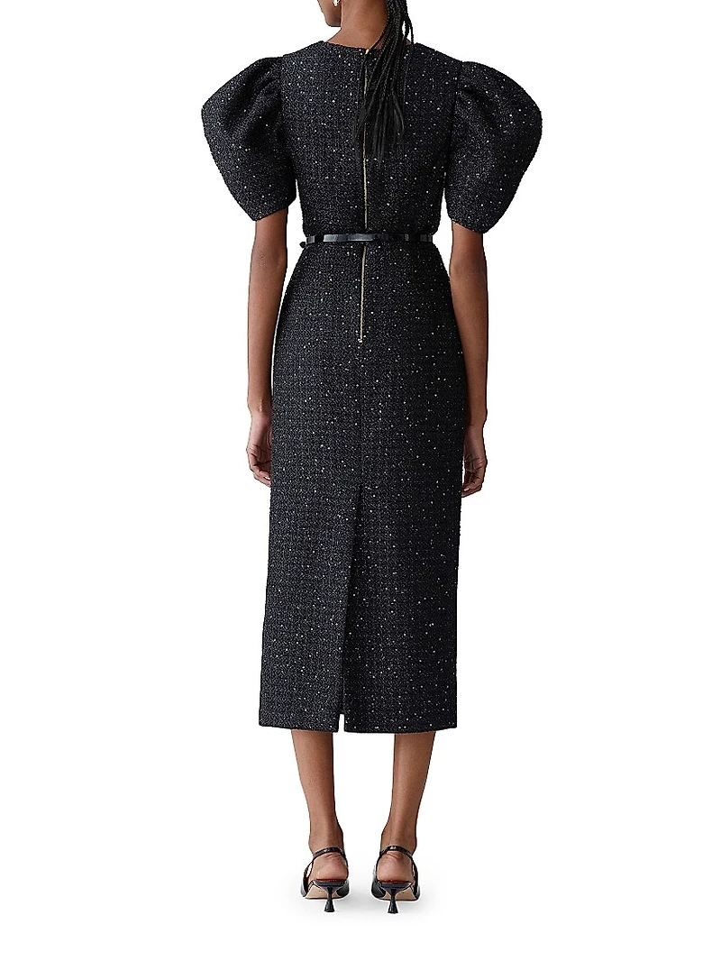 Sequined Tweed Puff-Sleeve Cocktail Dress
