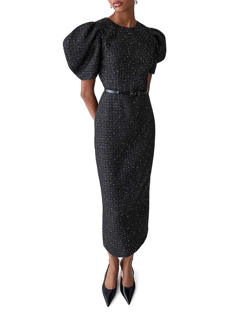 Sequined Tweed Puff-Sleeve Cocktail Dress