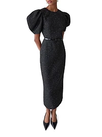Sequined Tweed Puff-Sleeve Cocktail Dress