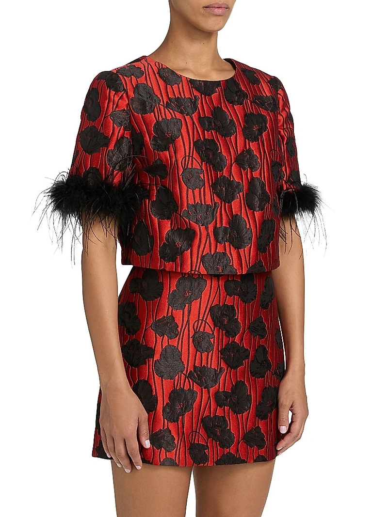 Ruthe Poppy Jacquard Feather-Trimmed Top