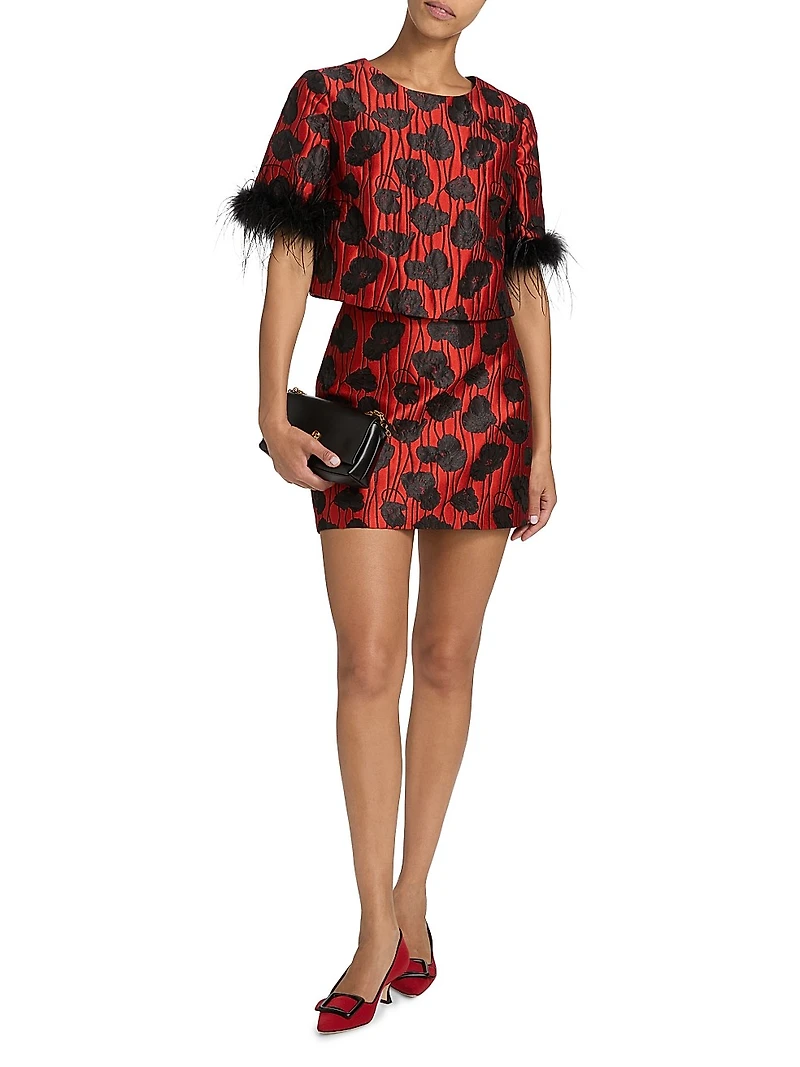 Ruthe Poppy Jacquard Feather-Trimmed Top