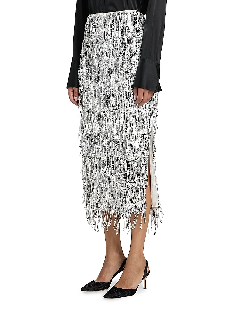 Roxanne Sequined Fringed Midi-Skirt