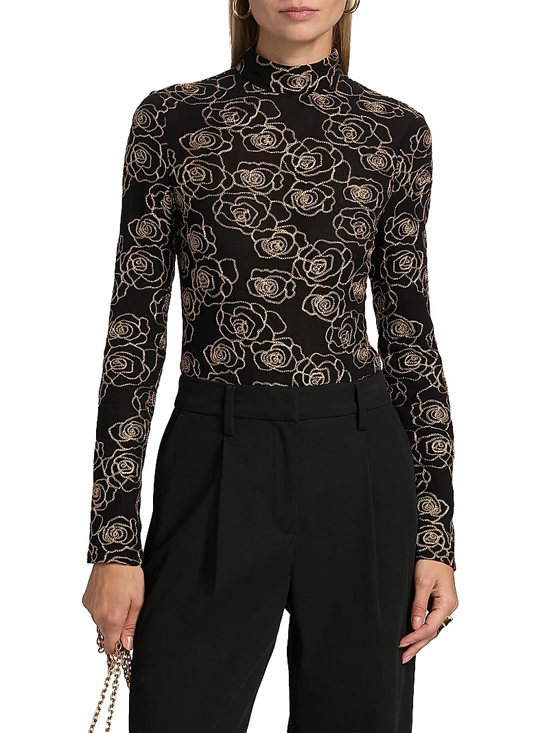 Ren Metallic Floral-Embroidered Bodysuit