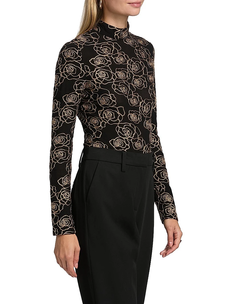 Ren Metallic Floral-Embroidered Bodysuit