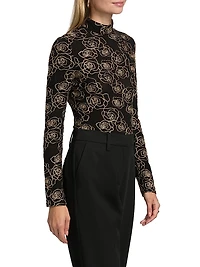 Ren Metallic Floral-Embroidered Bodysuit