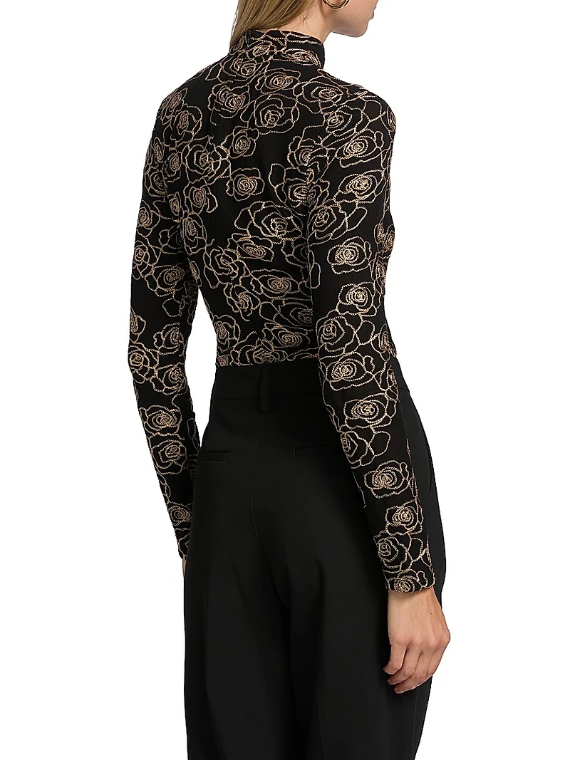 Ren Metallic Floral-Embroidered Bodysuit