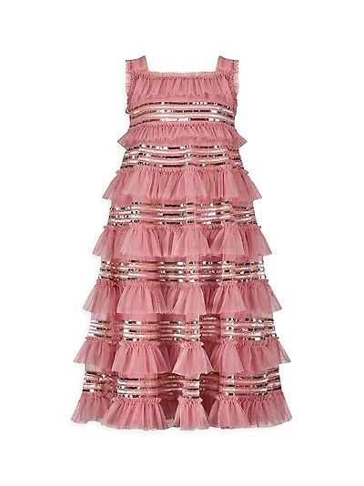 Little Girl's & Mesh Micro Ruffle Sequined Dress